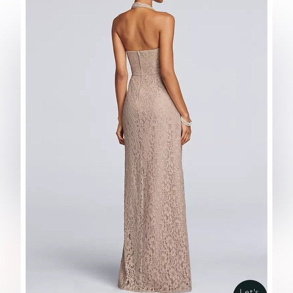 David's Bridal Bellini F940 All Over Lace Halter Maxi Length Dress - Picture 3 of 9